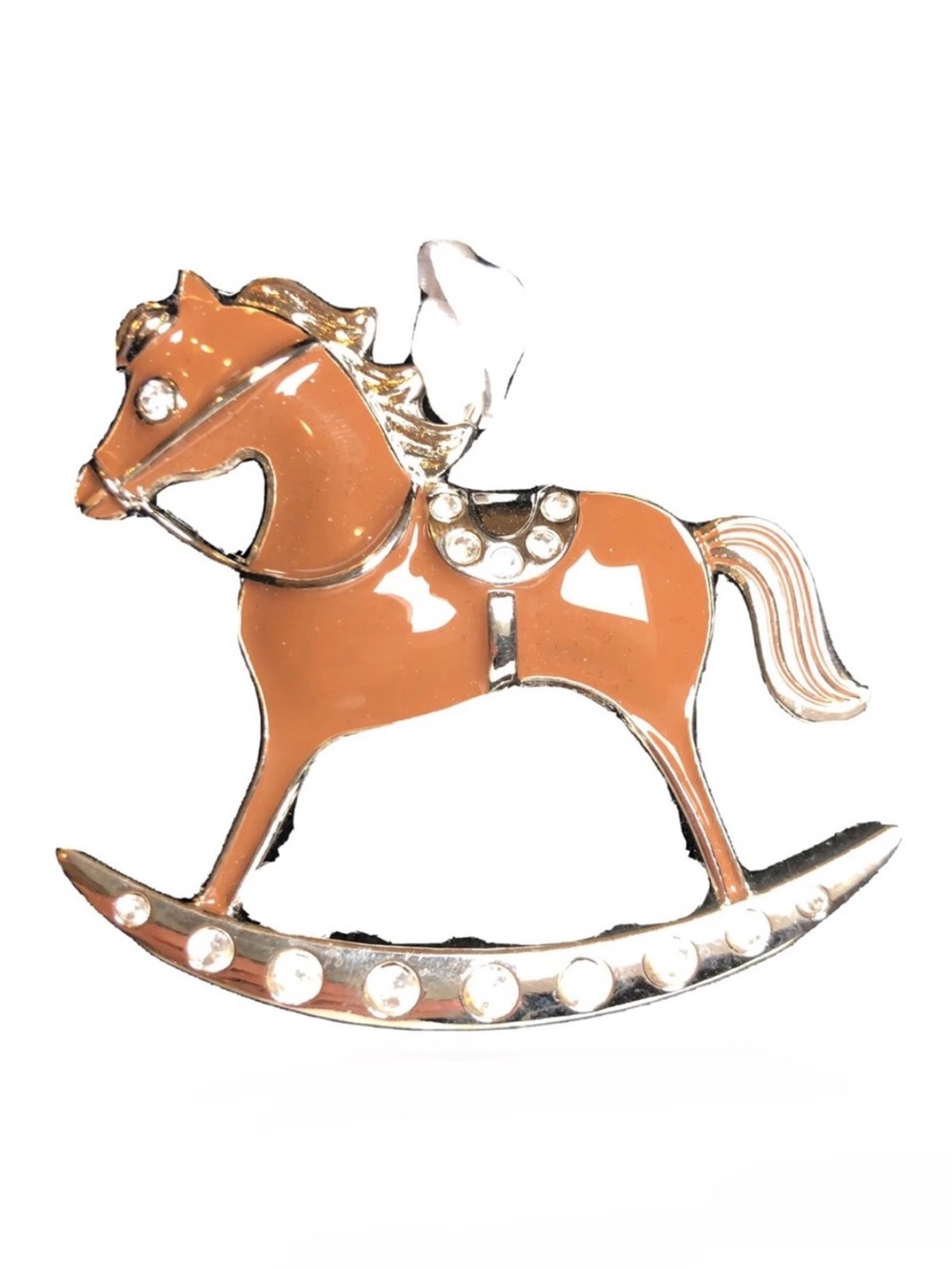 Enameled Rocking Horse Gift Ornament Silver Metal Brown Enamel Rhinestones